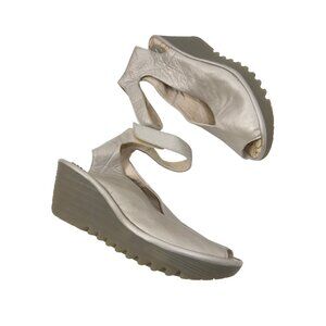 Fly London Women Leather Peep Toe Wedge Sandals SZ 40 Metallic Cream Ankle Strap